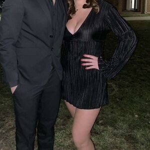 Pleated Long Sleeve Black Dress